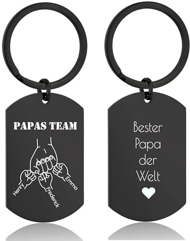 Lumari Gold Personalisierter Papa Team Schlüsselanhänger mit Kindernamen Gravur – Schwarz Edelstahl, Wunschtext Rückseite – Emotionales Geschenk für Papa