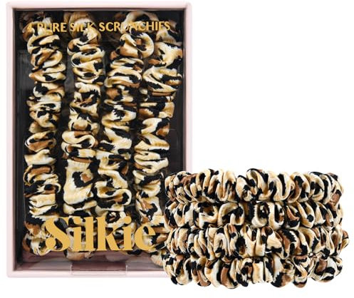 SILKIE 4er-Set 100% reine Maulbeerseide schwarze dünne Haargummis mit Reisebeutel, Haargummis für jeden Tag, Haarpflege, Pferdeschwanzhalter, ohne Haarschäden (Savannah)