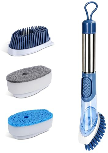 Cepillo para lavar platos con dispensador de detergente, cepillo de cocina Zvonema con mango largo ergonómico, 4 cabezales intercambiables de alta calidad (nailon, silicona, esponja), cepillo para