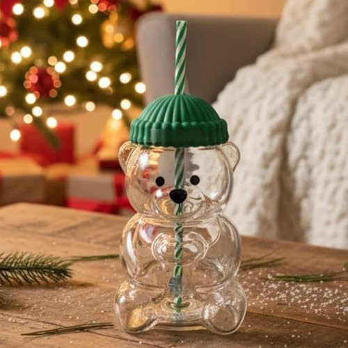 Yanmis Taza Oso con pajita 20 oz vaso vidrio borosilicato resistente calor portátil linda tapa café leche té jugo hogar oficina regalo