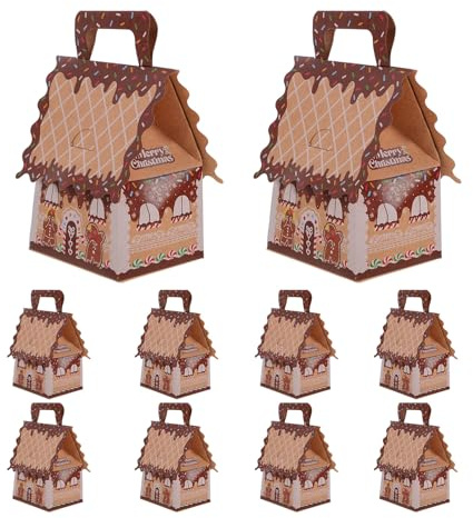 WEKAMOS Cajas para Dulces Navideños Pequeñas Diseño Casita de Jengibre Caja de Galletas de Casita de Jengibre Marrón Borde Paquete de 10 Unidades para Decoraciones y Fiestas Navideñas