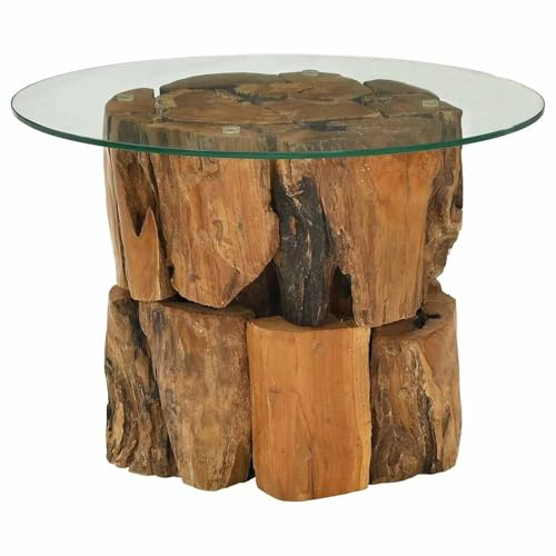 HOMELEN Table basse en teck flotté - 60 cm - Attire tous les regards - Avec plateau en verre trempé marron - Fabriquée à la main - Pour salon et aménagement moderne - Tables et tables basses