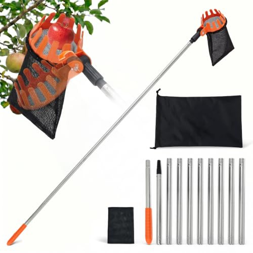 HAUSPROFI 4m Cueille Fruit Telescopique, Cueille Cerise avec Sac de Rangement,Cueille Pomme Griffe Réglable à 180°, en Acier Inoxydable, Cueillette Cerise pour Raisins, Poires et Pêches, Diamètre 16cm