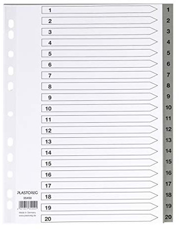 5er Set 20-teiliges Register/Trennblätter aus PP, DIN A4 mit Zahlen 1-20, volldeckend + praktischem Deckblatt aus stabilem Papier zum Beschriften. Trenn-Blätter für die Ordner-Organisation im Büro