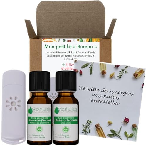 Mon Petit Kit Bureau avec 2 Huiles Essentielles et 1 Mini Diffuseur USB - Litsée Citronnée et Arbre à Thé - HEBBD - Idéal pour Tout Environnement de Travail - 2x10 ml - VOSHUILES