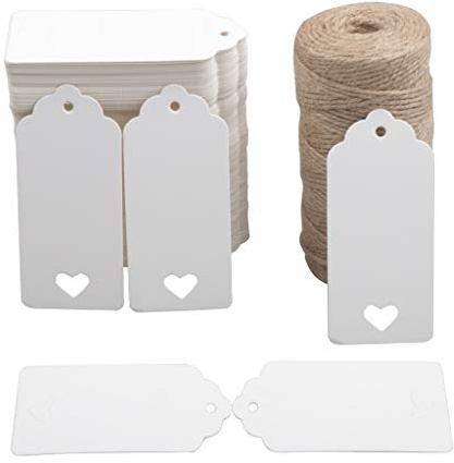 Puchin 200 PCS Kraftpapieranhänger Geschenkanhänger Bastelanhänger mit 100 Metern Naturjutegarn für Geschenke DIY Kunsthandwerk Hochzeitsfeier Party Geschenkdekorationen (White)