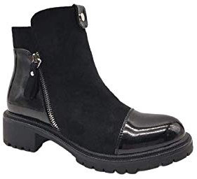 Fashion Moda Stivali Stivaletti Tronchetti Nero Punta Lucida Ecopelle Tacco Basso Comodo Cerniera Zip Scamosciato Biker Motociclista Q601 (37)