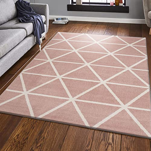 Teppich Kurzflor Pastellfarben Weiss Rauten Design Robust in versch. Farben, für Wohnzimmer, Schlafzimmer, küche, Farbe:Rosa, Maße:200x280 cm