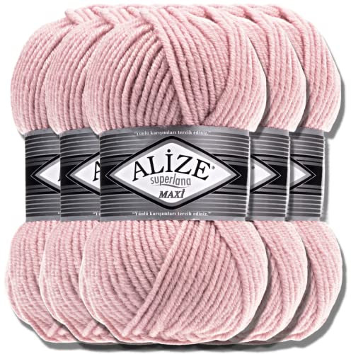 Alize 5 x 100g Superlana Maxi Türkische Premium Wolle Baumwolle und Acryl Uni Handstrickgarne | Yarn | Garn | Strickgarn Einfarbig Baby zum Häkeln Stricken Kleidung Schals (Powder | 161)