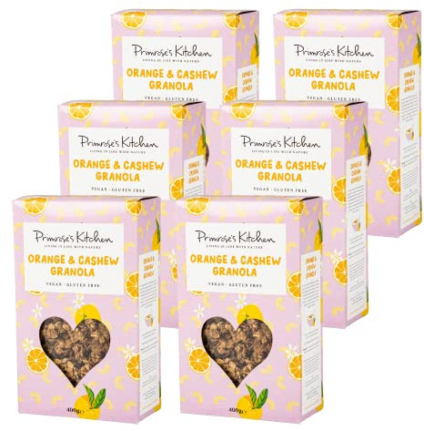 Primrose's Kitchen - Orange & Cashew Granola - 400g (Pack of 6) Vegan & Gluten Free Recipe. Punchy, Zesty And Nutty Granola Suitable For Bakes, Shakes, Biscuits & Cakes. Chunky Nuts & Wholesome Oats.
