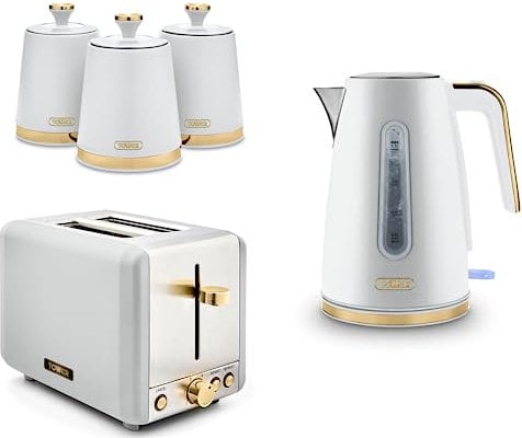 Tower Cavaletto Jug Kettle, 2 Slice Toaster & Tea, Coffee & Sugar Canisters in Optic White with Brushed Champagne Gold Accents. Contemporary Matching Kitchen Set of 5 Items