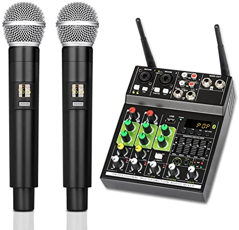 Gsrimgratoe Mélangeur audio 4 canaux avec 1 tirage 2 micros sans Console de mixage avec effet Bluetooth USB pour DJ karaoké PC Guitar