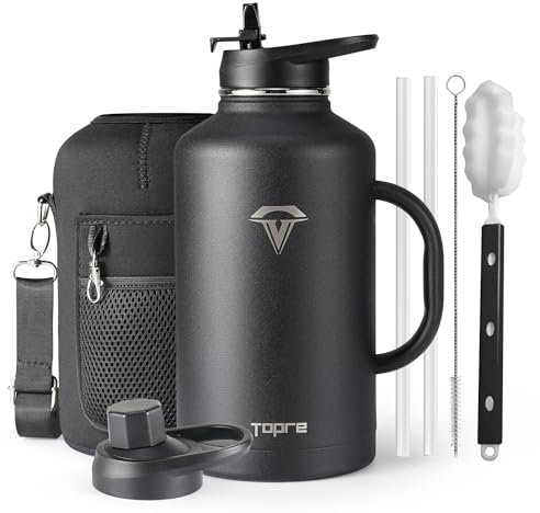 Topre Half Gallon Water Bottle with Straw and Lid, 64 oz Insulated Stainless Steel Jug with Handle,Reusable Metal Travel Flask Mug Cup With Carry Pouch and Brush,Keep Cold & Hot,Black