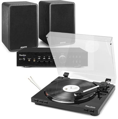 Audizio RP310 Black Record Player with Speaker Pair, Vinyl Turntable & HiFi Bookshelf Speakers, 200W Amp, USB MP3 Recording, Bluetooth, 33/45 RPM, Auto-Return & Optical Input - Complete Audio Kit