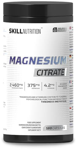 SKILL Nutrition Magnesium + B6-180 Kapseln | Bioverfügbares Magnesiumcitrat und aktives Vitamin B6 (P-5-P) | Verringerung der Müdigkeit, Unterstützung der Muskeln und Energie | Vegan und Halal