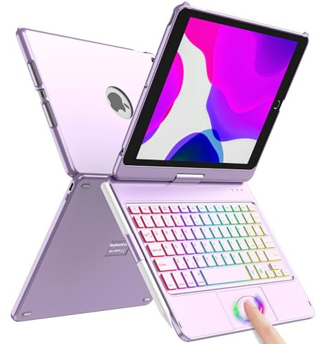 SZO Tastiera per iPad 9 Generazione 10.2 Custodia, Cover per iPad 9a/8a/7a Generazione, 360°Touchpad Flip Cover Rigida Custodia, Tastiera Bluetooth Wireless 7 Retroilluminazione, Auto Sleep/Wake,Viola
