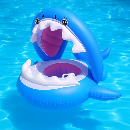 Schwimmring für Babys und Kleinkinder, mit Sonnendach, Aufblasbarer Schwimmsitz, lustige Haiform, für Kinder ab 6-36 Monaten