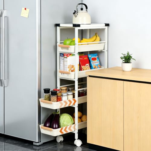 ohbien 5 Ebenen Küchenwagen Schmal Nischenregal 20 cm Breit mit Auszug | Schmaler Aufbewahrungswagen mit Rädern Tischplatte Holz, Rollwagen für Kleine Räume Küche Wohnzimmer Bad, Weiß 38x81,5cm