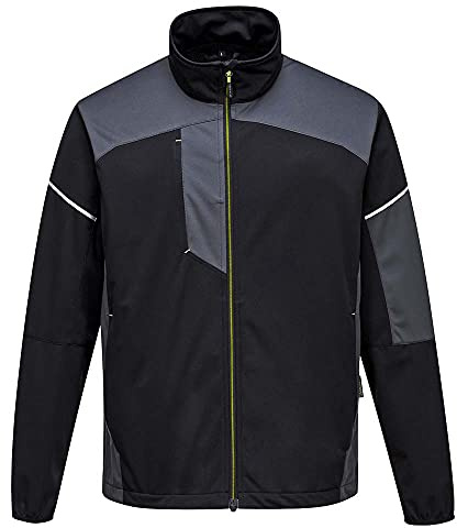 Portwest T620B PW3 Flex Shell Jacket Long Sleeve Water Resistant 6 Pockets | Black/Zoom Grey, 3X Large, Regular Fit, 100% Polyester, Reflective Trim, Quick Dry Elastic Bound Cuff, Reversed Zip, Ezee Zip