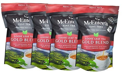 McEntee's IRISH Loose Leaf GOLD BLEND Tea. 250g X 4 BAG MULTIPACK. 400 + CUPS. AWARD WINNING, BLENDED IN IRELAND, MALTY & RICH. A Blend of Assam and Kenyan Tea’s.IRELAND’S FAVOURITE LOOSE TEA