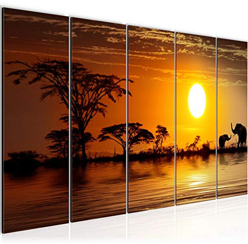 Runa Art Bild Afrika Elefant Wandbilder auf Vlies Leinwand 5 Teilig Wanddekoration Wohnzimmer Schlafzimmer 000556a