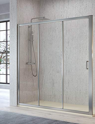 Paroi de douche avant - 2 portes coulissantes et 1 Hpja fixe - Verre de sécurité de 5 mm - Modèle cible (92-97 cm)