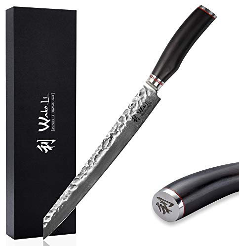 Wakoli EBO Premium Fleischmesser Kiritsuke mit 27,5 cm Klinge und Hammerschlag gefertigt aus 67 Lagen echtem Damaststahl mit schwarzem Eichenholzgriff I Damastmesser Küchenmesser und Profi Kochmesser