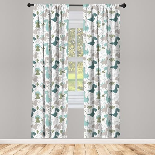 ABAKUHAUS Kindisch Vorhänge, Gardinen, Smiling Baby-Dinosaurier, Fensterbehandlungen für Wohnzimmer Schlafzimmer Dekor, 2 Stück 75 cm b x 245 cm h, Weiß Seafoam schwachgrau
