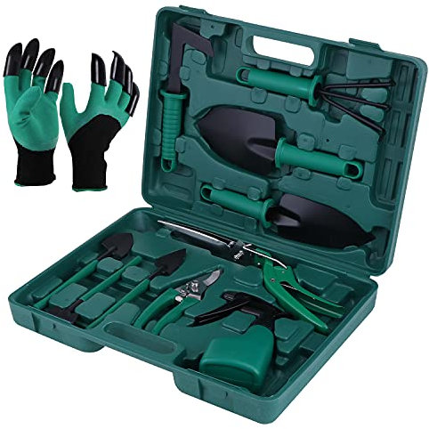 eROOSY 11PCS Kit di Attrezzi da Giardinaggio con i Guanti da Giardinaggio, Set di Attrezzi da Giardino con Custodia per Il Trasporto, Regalo da Giardino per Donna, Genitori, Giardinier