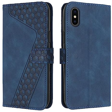 TOHULLE for iPhone X iPhone XS Case, Premium PU Leather Wallet Case Card Holder Kickstand Magnetic Closure Plaid Pattern Embossed Design Shockproof Flip Folio Case Cover for iPhone X/XS - Blue