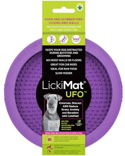 New LickiMat UFO - Bathing, Shower & Grooming Distractor. Natural Rubber Large Soother Licking Nubs soft and runny treats. Unique Food and Dribble Catcher Design. Slow Feeder Dog Bowl. (Purple)