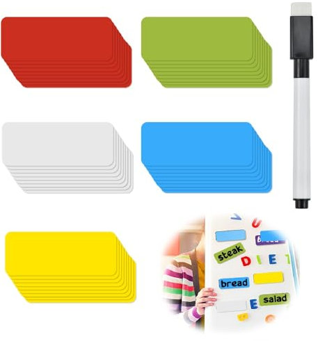 LPAMABA 50 Stück 8x3cm beschreibbare Magnete Etiketten zuschneidbar Magnetschilder zum beschreiben Magnetstreifen abwischbar Magnetkarten für Kanban Board Whiteboard Tafel Kühlschränk Wieder bunt