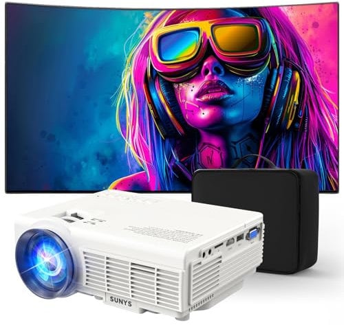 Sunys Bluetooth Mini Beamer, 10000 Lux 1080P HD Full Tragbarer Projektor, LED Heimkino Video Beamer Kompatibel für Tablet/PC/PS4/Firestick (Weib)