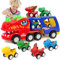 HOTUT Dinosauri Camion Giocattolo per Bambini, Dinosauro Macchinine Giocattolo con 4 Veicoli Dinosauro, Camion Trasporto Dinosauri Giocattolo Suoni e Luci, Regalo di Compleanno per Bambini e Bambine