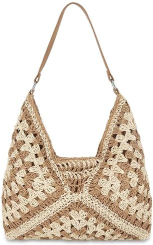 Macayda Strohtasche Damen Geflochtene Tasche, Sommer Korbtaschen Damen Mittelgroß Basttasche Boho Stroh Woven Bag Flechttasche für Strand Reisen Urlaub (Braun)
