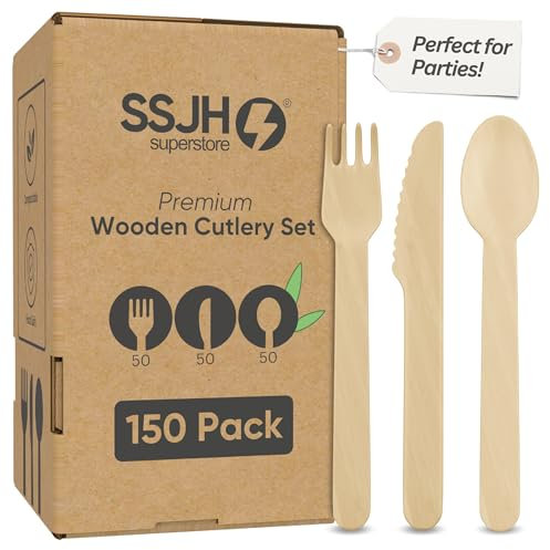 150pcs Wooden Disposable Cutlery for Parties & Picnics (50 Forks, 50 Knives, 50 Spoons) - Compostable Wooden Cutlery Set for Any Party & Catering - 14cm Smooth Finish