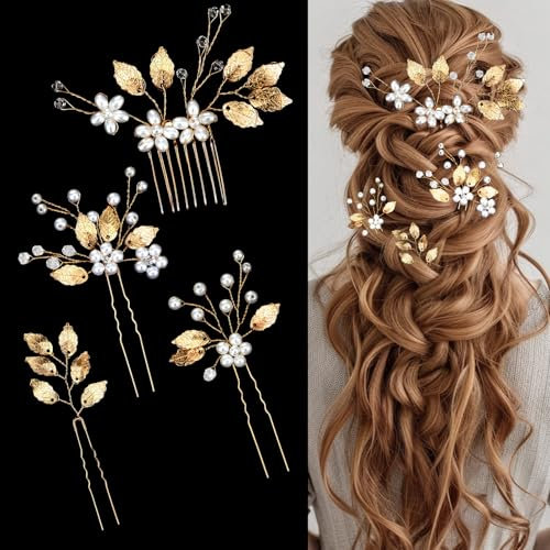 Dimeho 4 horquillas para el pelo de novia, horquillas de pelo de hoja dorada con flor de perlas de cristal, accesorio para el pelo de boda, pinzas para el pelo vintage, accesorios de joyería para