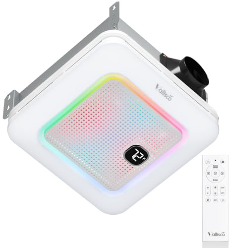 VallisCo - Bathroom Exhaust Fan with Bluetooth Speaker, RGB Light and Remote Control, 230CFM Quiet Ceiling Fan, 3 Dynamic RGB Lighting, Dimmable from 3000K to 6000K, Light