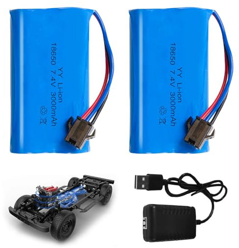 Batteria Lipo 7.4, Batteria Lipo 2s Ricaricabile da 3000 Mah da 2 Pezzi con Spina Deans T e Spina Xh-3P, Lipo 2s con 1 Caricabatterie per Rc Auto Fuoristrada Aeroplano Elicottero Giocattolo