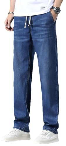 Jamron Sommar jeans i Lyocell för män, tunna och lätta jeansbyxor med elastisk midja och rak passform med dragsko, Marinblå, XL