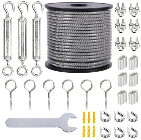 20 m Edelstahlseil 3 mm Ummantelt, M5 Spannsystem mit Ösenhaken, Wetterfestes Drahtseil für Pflanzenranken, Dekoration, Lichterkette, Wäscheleine, Gardinenseil (20m*3mm)
