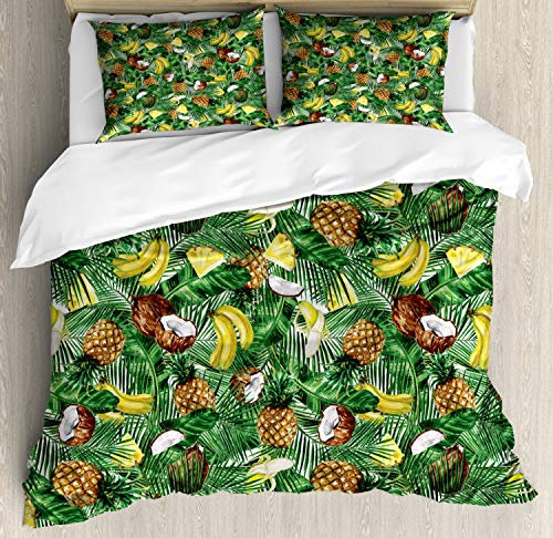 ABAKUHAUS Tropisch Bettbezugs Set Für Doppelbetten, Ananas Banana Coconut, Milbensicher Allergiker geeignet mit Kissenbezügen, 200 x 200 cm, Grün Kamel