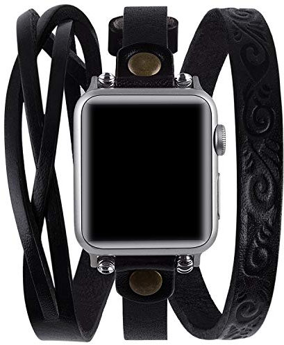 Vikoros Bracelet en cuir double tour compatible avec Apple Watch 44 mm 42 mm iWatch Series 6/5/4/3 pour femme, bracelet en cuir tissé cool compatible avec Apple Watch SE, noir