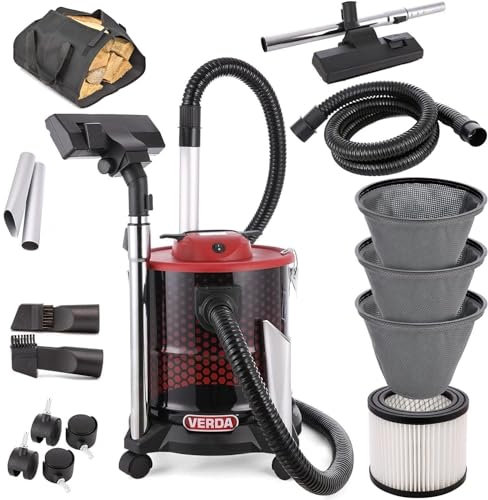Verda Aschesauger 20L 1650W Kaminsauger HEPA Filter + Tasche + 3X Sackfilter, 2m Saugschlauch + 4 Rollen Ascheschlucker Kaminholztasche Holztragetasche Set Modellwahl (Aschesauger SN184 + Tasche)