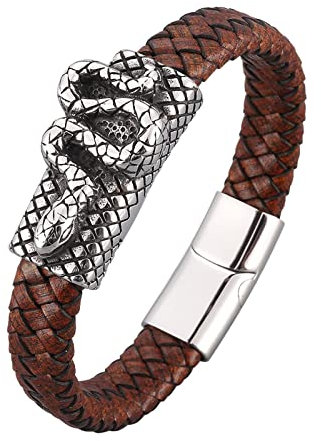 Aotiwe Männer Armband Vintage, Pärchen Geschenke Schlangenarmband aus Geflochtenem Leder mit Magnetischer Schnalle Stahl Edelstahl 16.5cm