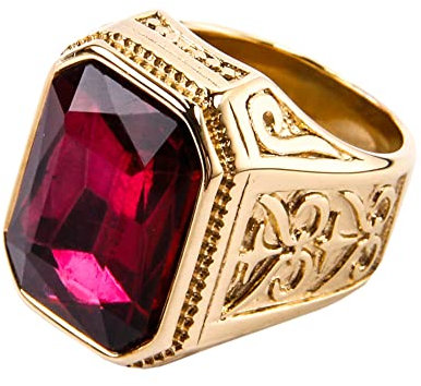 HIJONES Herren Big Square Stone (Cz) Ringe aus Vintage-Edelstahl Gothic-Biker-Bands Gold-Lila Roter Edelstein Größe 65 (20.7)