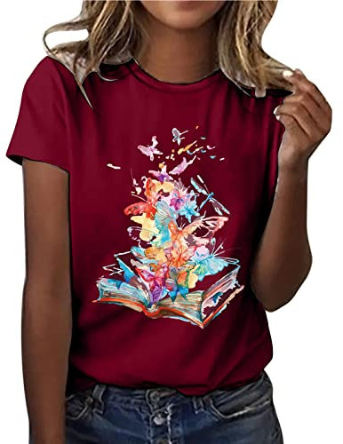Frauen Casual Top Shirt Bunt bedrucktes Mode T-Shirt Kurzarm Lose Temperament T-Shirt O-Ausschnitt Top Shirt Tunika Für Damen (BA1201B-Wine, L)