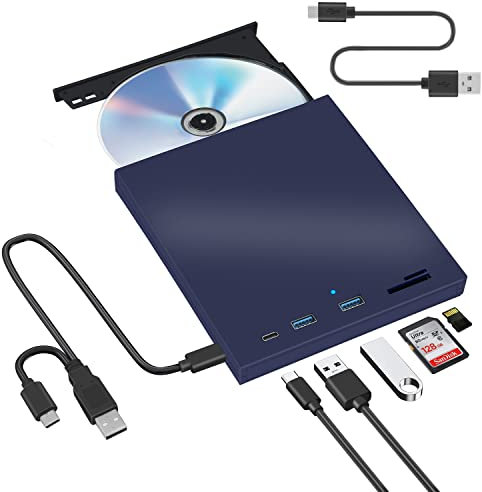 Reproductor de CD DVD Externo, Grabadora USB 3.0 y Tipo-C con lector de tarjetas SD/TF y USB, CD-ROM CD-RW VCD para Windows 7/8/10/ Vista/XP/Mac OS, Laptop, Desktops