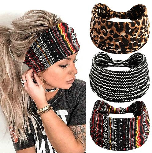 scicent Stirnband Damen Breite, Boho Knot Haarband für Damen Yoga Sport Haarbänder, Elastische Haarschmuck Turbane- 3 Stück - 16004