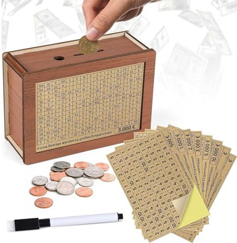 Spardose Aus Holz,Retro Sparbüchse Aufbewahrungsbox,Sparbox mit Zahlen Ankreuzen für Hilft Erwachsene und Kindern Die Gewohnheit Zum Sparen Zu (500€-10000€)